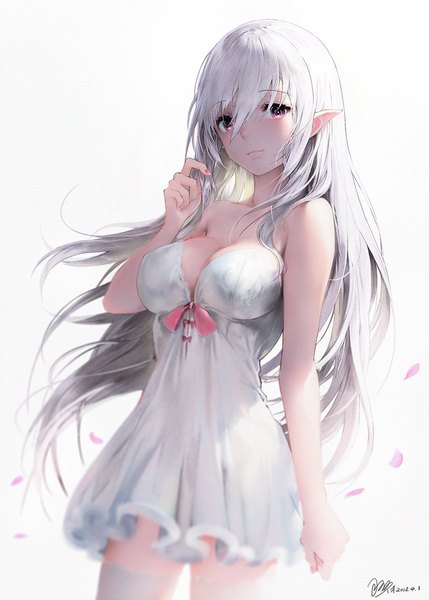 Anime picture 1296x1812 with original iori (cpeilad) single long hair tall image looking at viewer blush fringe breasts light erotic simple background hair between eyes large breasts purple eyes bare shoulders signed payot cleavage silver hair nail polish