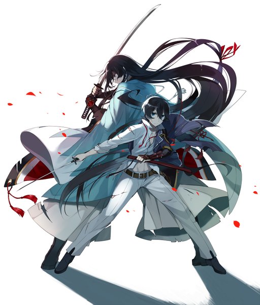 Anime picture 1500x1756 with touken ranbu nitroplus izuminokami kanesada horikawa kunihiro hano (artist) long hair tall image short hair blue eyes black hair simple background brown hair standing white background holding purple hair full body very long hair traditional clothes profile