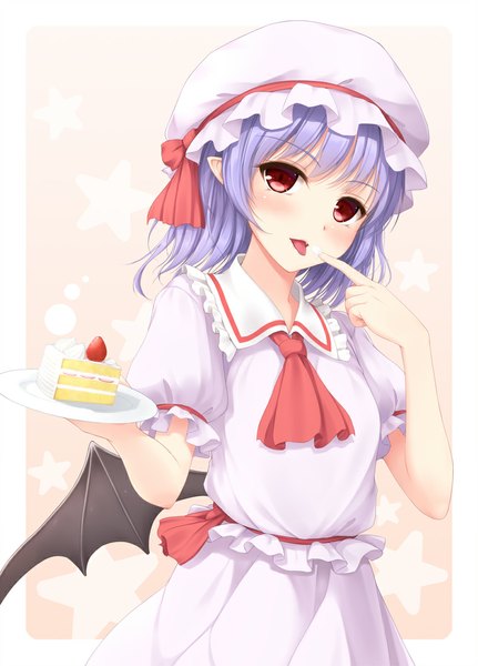 Anime picture 791x1100 with touhou remilia scarlet tokugawa landine single tall image looking at viewer short hair open mouth red eyes purple hair pointy ears border finger to mouth bat wings girl wings sweets tongue bonnet cake