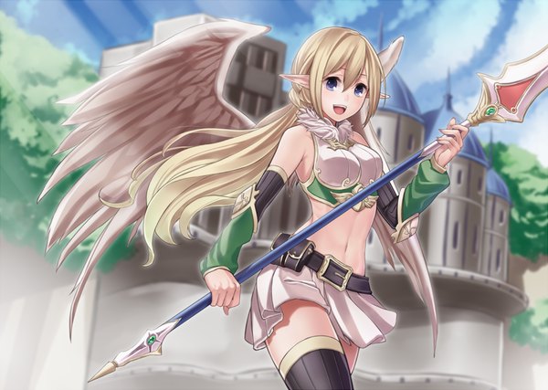 Anime picture 1000x713 with original ray-akila single long hair open mouth blue eyes blonde hair pointy ears girl thighhighs dress weapon black thighhighs wings spear