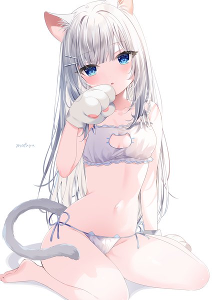 Anime picture 1447x2046 with original mafuyu (chibi21) single long hair tall image looking at viewer blush fringe breasts open mouth blue eyes light erotic simple background white background sitting signed animal ears silver hair tail blunt bangs