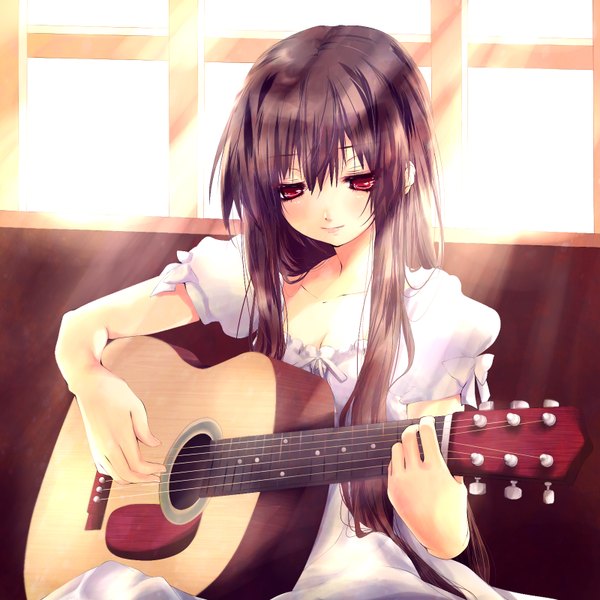 Anime picture 1600x1600 with original ayase non (artist) single long hair black hair red eyes sitting girl dress guitar