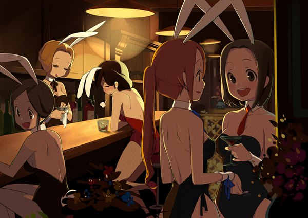 Anime picture 1000x707 with original ssberit long hair blush short hair open mouth smile brown hair standing sitting bare shoulders multiple girls holding brown eyes animal ears ponytail tail eyes closed profile from behind