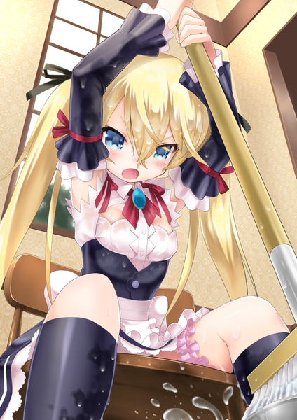 Anime picture 848x1200 with original lala (artist) single long hair tall image blush fringe open mouth blue eyes light erotic blonde hair sitting twintails maid wet spread legs looking down wet clothes girl uniform