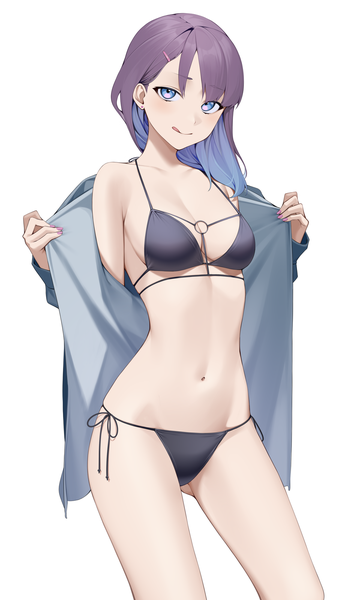 Anime picture 1200x2000 with original kuen (kuennn12) single long hair tall image looking at viewer fringe breasts blue eyes light erotic simple background smile standing white background purple hair nail polish multicolored hair fingernails open jacket colored inner hair