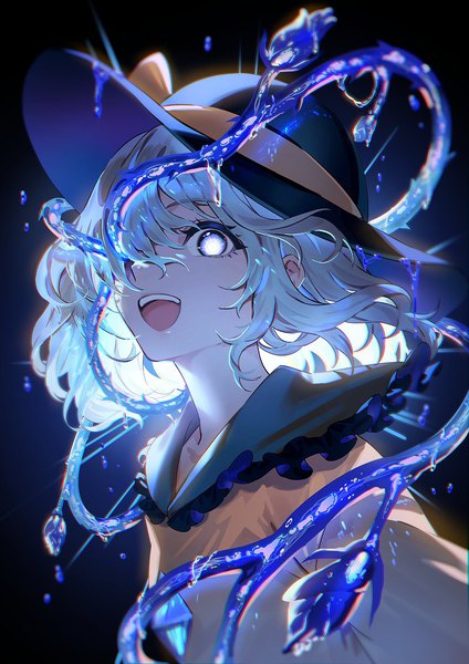 Anime picture 868x1228 with touhou komeiji koishi uu uu zan single tall image looking at viewer fringe short hair open mouth blue eyes simple background smile payot upper body :d grey hair blurry hair over one eye teeth floating hair