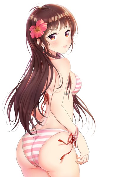 Anime picture 2480x3853 with original fyc single long hair tall image looking at viewer blush fringe highres breasts light erotic simple background brown hair standing white background purple eyes bare shoulders payot ass looking back