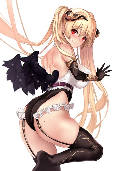 Anime picture 1013x1433 with original fallen angel (untsue) untue single long hair tall image looking at viewer blush fringe breasts light erotic simple background blonde hair hair between eyes red eyes large breasts standing white background twintails bare shoulders