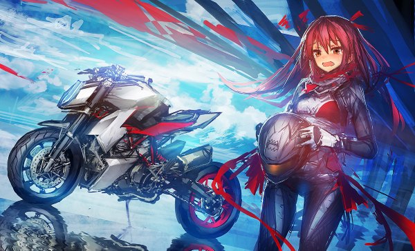Anime picture 1200x729 with lm7 (op-center) single long hair blush open mouth red eyes wide image pink hair sky cloud (clouds) girl gloves bodysuit motorcycle motorcycle helmet