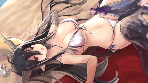 Anime picture 1900x1075 with granblue fantasy danua hansel (granblue fantasy) haik single long hair fringe highres breasts open mouth light erotic black hair hair between eyes wide image bare shoulders lying pink eyes horn (horns) bare belly on back