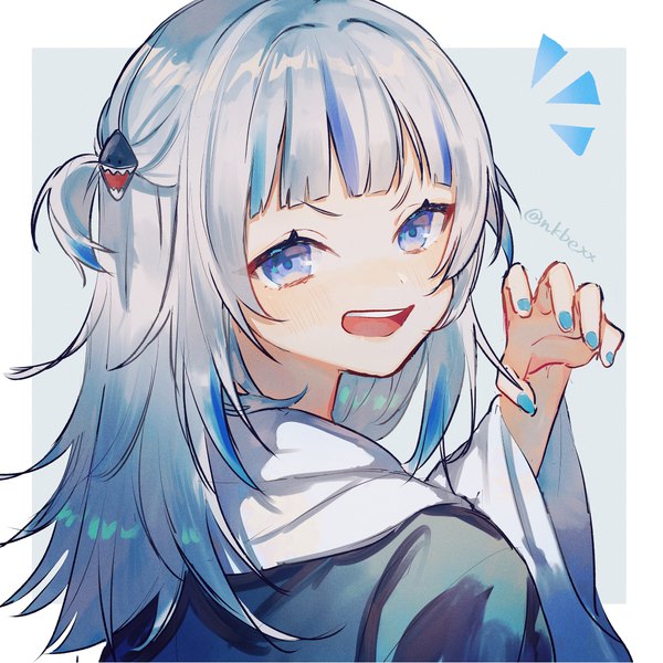 Anime picture 1213x1213 with virtual youtuber hololive hololive english gawr gura gawr gura (1st costume) nakaba (mode) single long hair looking at viewer fringe open mouth blue eyes simple background signed silver hair blunt bangs nail polish :d looking back multicolored hair