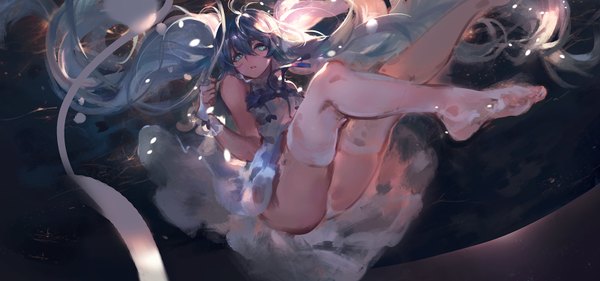 Anime picture 1618x758 with vocaloid hatsune miku kishiyo single fringe light erotic wide image twintails green eyes looking away bent knee (knees) very long hair sunlight pantyshot no shoes dark background reclining underwater girl thighhighs