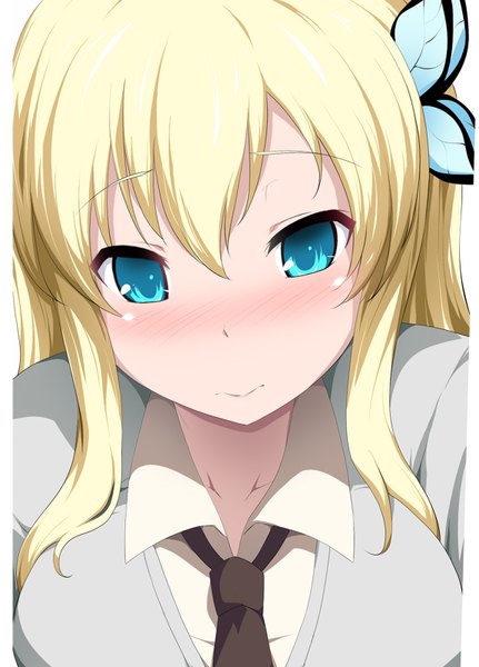 Anime picture 1151x1600 with boku wa tomodachi ga sukunai kashiwazaki sena drops (artist) single long hair tall image blush fringe breasts blue eyes blonde hair large breasts light smile looking down close-up girl uniform hair ornament school uniform necktie