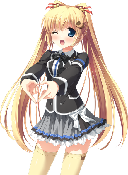 Anime picture 1264x1735 with imouto no okage de mote sugite yabai asasaka meguri ikegami akane single long hair tall image looking at viewer blush open mouth blue eyes blonde hair twintails one eye closed wink transparent background heart hands girl thighhighs skirt uniform