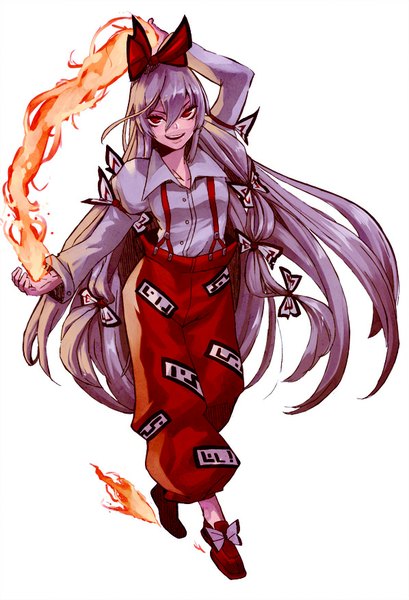 Anime picture 598x876 with touhou fujiwara no mokou eredhen single tall image looking at viewer simple background smile red eyes white background very long hair parted lips magic walking girl bow hair bow shirt suspenders flame