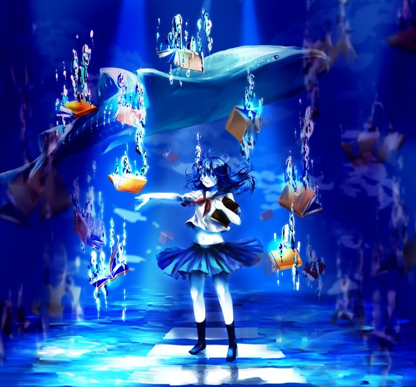 Anime picture 1500x1397 with original naritomo333 long hair blue eyes blue hair underwater girl skirt socks serafuku book (books) black socks bubble (bubbles) fish (fishes)