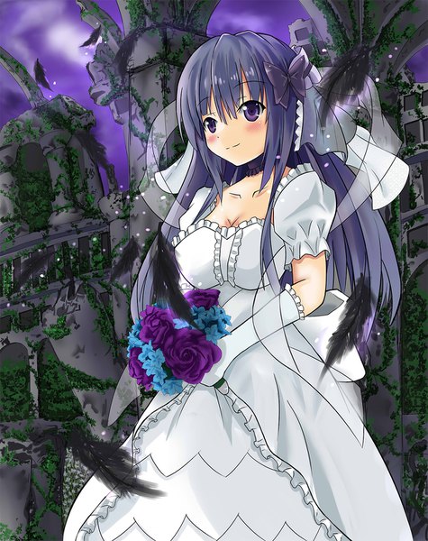 Anime picture 1200x1514 with seirei tsukai no blade dance restia ashdoll rozenberg single long hair tall image blush fringe breasts smile hair between eyes standing purple eyes holding payot looking away sky cleavage purple hair cloud (clouds)
