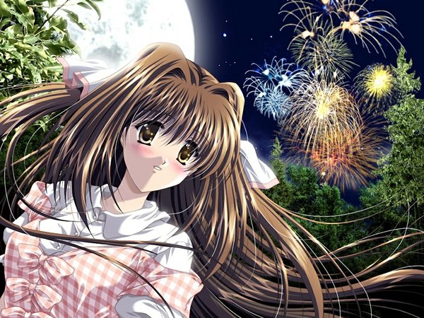 Anime picture 1024x768 with sky (game) hiougi ayame akira (usausa) single long hair brown hair brown eyes game cg night fireworks girl moon