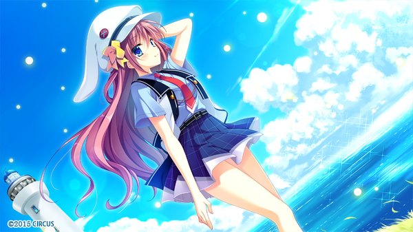 Anime picture 800x450 with d.s. -dal segno- circus (studio) asamiya himari single long hair blush fringe blue eyes smile hair between eyes wide image pink hair game cg sky cloud (clouds) wind sparkle dutch angle horizon hand on head