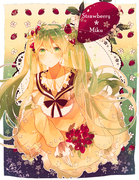 Anime picture 931x1202 with vocaloid hatsune miku strawberry miku (tantan) hzrn (ymj924) fizurin single long hair tall image looking at viewer blush twintails holding green eyes green hair character names girl dress flower (flowers) food berry (berries)
