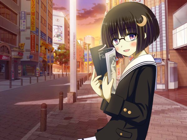 Anime picture 2400x1800 with kawano masatoshi looking at viewer blush highres short hair black hair smile red eyes sitting cloud (clouds) evening sunset crescent street girl uniform school uniform glasses building (buildings) magazine