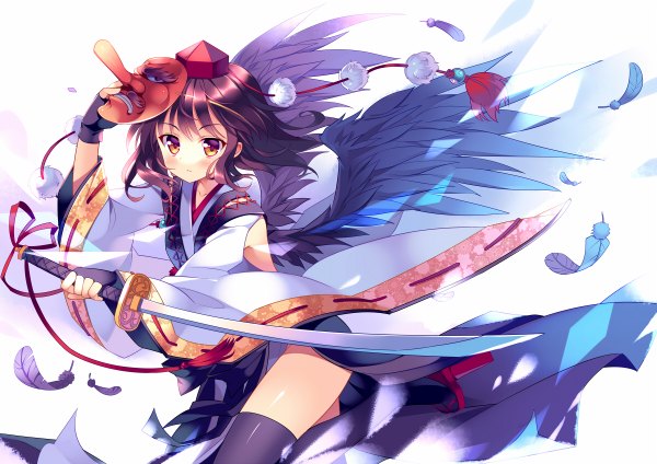 Anime-Bild 1200x848 mit touhou shameimaru aya rie (reverie) single looking at viewer blush short hair simple background brown hair white background yellow eyes mask on head kourindou tengu costume girl thighhighs ribbon (ribbons) weapon hat sword wings