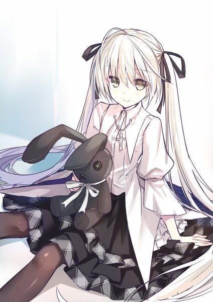 Anime picture 848x1200 with yosuga no sora kasugano sora hika (cross-angel) single tall image looking at viewer fringe smile hair between eyes sitting twintails holding payot ahoge very long hair grey hair arm support grey eyes puffy sleeves girl