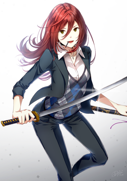 Anime picture 1200x1700 with original dabadhi single long hair tall image looking at viewer fringe simple background hair between eyes brown eyes red hair open jacket gradient background open collar smoking plaid girl weapon sword jacket