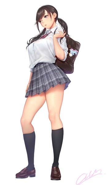 Anime picture 581x1000 with original masami chie single long hair tall image fringe breasts brown hair twintails brown eyes signed looking away bent knee (knees) pleated skirt low twintails plaid skirt twisty sleeves girl skirt uniform