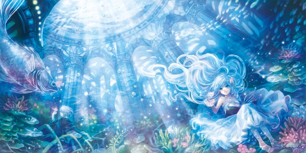 Anime picture 1500x750 with original chiko (d04099) long hair short hair blue eyes wide image bare shoulders blue hair barefoot sunlight underwater girl dress hair ornament water white dress hairclip book (books) bubble (bubbles) fish (fishes)