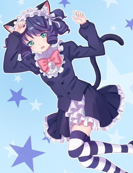 Anime picture 700x910 with show by rock!! studio bones cyan (show by rock!!) shati single tall image short hair black hair green eyes animal ears tail animal tail cat ears cat tail blue background hand on head lolita fashion girl thighhighs frills