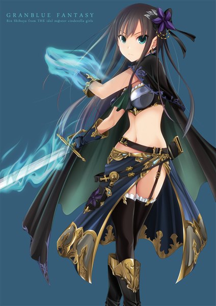 Anime picture 1169x1654 with idolmaster idolmaster cinderella girls shibuya rin inui sekihiko single long hair tall image looking at viewer blue eyes black hair midriff glowing girl thighhighs navel hair ornament weapon black thighhighs sword boots