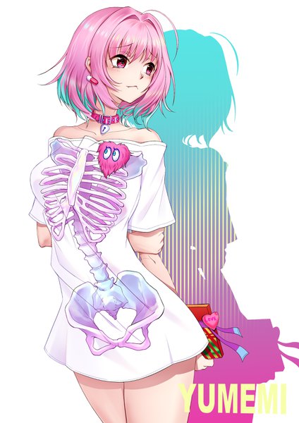 Anime picture 2480x3508 with idolmaster idolmaster cinderella girls yumemi riamu meng qian guang single tall image fringe highres short hair breasts simple background white background bare shoulders looking away pink hair ahoge pink eyes off shoulder shadow fang (fangs)