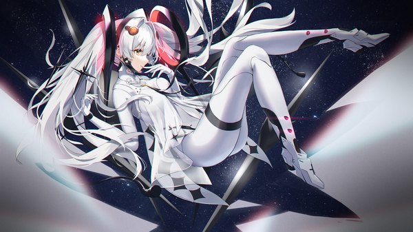 Anime picture 1723x969 with punishing: gray raven luna (punishing: gray raven) augu (523764197) single long hair fringe highres hair between eyes wide image twintails yellow eyes looking away silver hair full body profile legs hand to mouth space weightlessness girl
