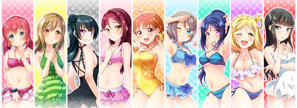 イラスト 1647x600 と ラブライブ!サンシャイン!! サンライズ love live! 桜内梨子 津島善子 渡辺曜 高海千歌 黒澤ルビィ 黒澤ダイヤ 松浦果南 国木田花丸 小原鞠莉 もとあさこ 長髪 カメラ目線 赤面 前髪 短い髪 おっぱい 開いた口