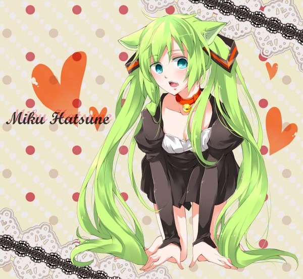 Anime picture 1300x1200 with vocaloid hatsune miku ginshachi (artist) single looking at viewer blush open mouth twintails animal ears very long hair aqua eyes green hair cat ears teeth cat girl fang (fangs) girl dress heart bell