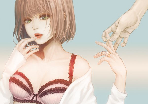 Anime picture 2142x1500 with original sifuri (artist) highres short hair light erotic simple background brown hair green eyes lips open clothes open shirt girl ring hands