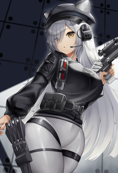 Anime picture 2507x3674 with arknights schwarz (arknights) roina single long hair tall image looking at viewer fringe highres breasts open mouth standing holding animal ears yellow eyes long sleeves grey hair cat ears hair over one eye cat girl