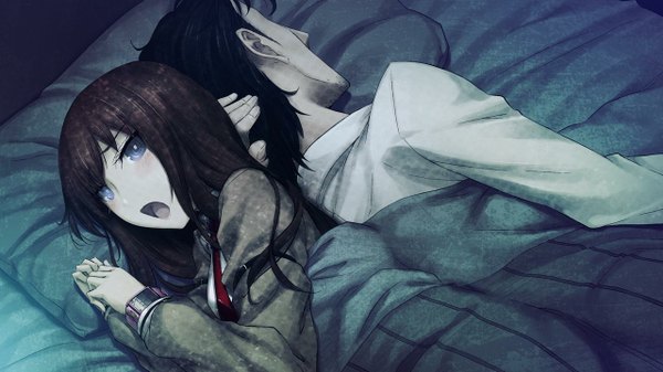 Anime picture 1280x720 with steins;gate white fox makise kurisu okabe rintarou huke long hair short hair open mouth blue eyes black hair brown hair wide image game cg indoors lying long sleeves on side back to back under covers girl