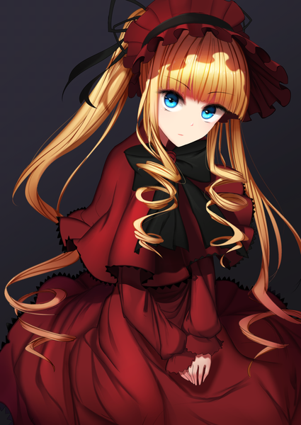 Anime picture 2508x3541 with rozen maiden shinku ise dango single long hair tall image highres blue eyes simple background blonde hair ponytail grey background drill hair girl dress ribbon (ribbons) hair ribbon hat red dress