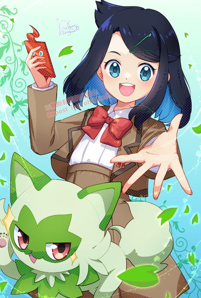 Anime picture 1378x2039 with pokemon pokemon horizons nintendo rotom rotom phone sprigatito liko (pokemon) hiragana sherry single tall image looking at viewer short hair open mouth blue eyes black hair signed blue hair :d multicolored hair teeth