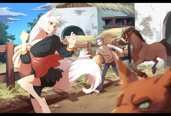 Anime picture 1200x817 with original nerior short hair open mouth red eyes animal ears sky purple hair cloud (clouds) white hair tail animal tail barefoot off shoulder bare legs shadow watermark happy angry running