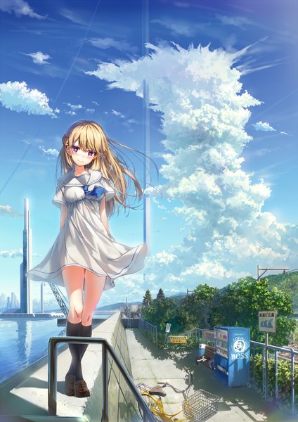 Anime picture 954x1350 with original wingheart single long hair tall image looking at viewer blush blonde hair standing purple eyes sky cloud (clouds) wind short sleeves crossed legs hands behind back scenic summer river girl