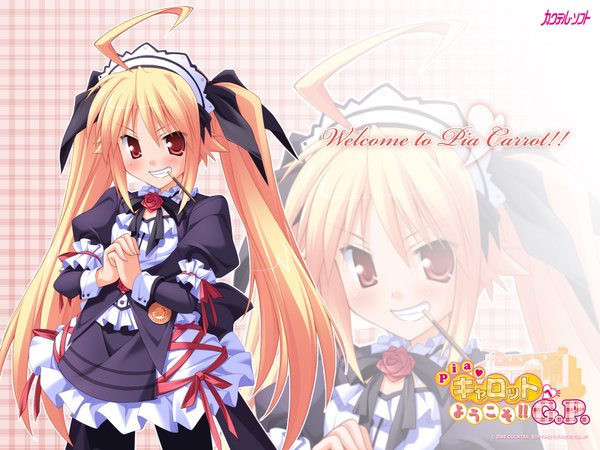 Anime picture 1600x1200 with pia carrot long hair highres blonde hair red eyes twintails maid wallpaper grin zoom layer pantyhose sweets pocky