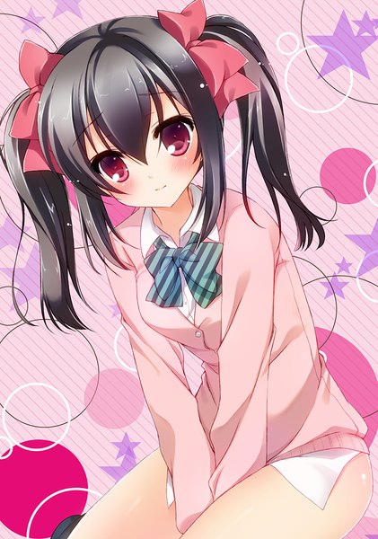 Anime picture 800x1140 with love live! school idol project sunrise (studio) love live! yazawa nico rinka (yuyutei) single long hair tall image looking at viewer blush black hair red eyes twintails girl uniform bow hair bow school uniform bowtie