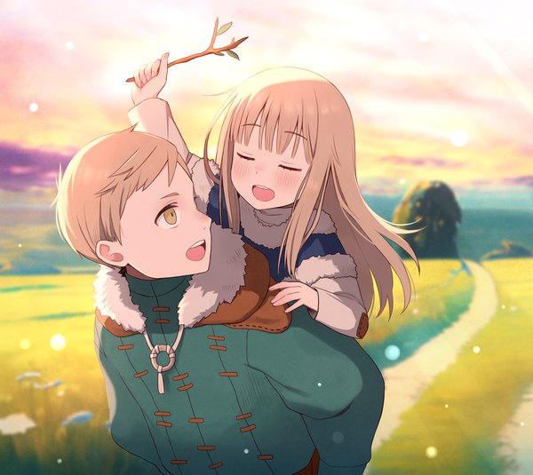 Anime picture 1772x1581 with dungeon meshi studio trigger falin touden laios touden shiro (branch0126) long hair blush highres short hair open mouth blonde hair yellow eyes outdoors eyes closed :d fur trim turning head siblings alternate age carrying
