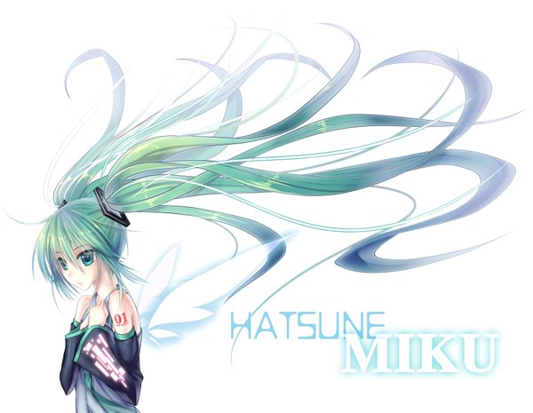 Anime picture 3444x2670 with vocaloid hatsune miku single long hair highres twintails absurdres aqua eyes aqua hair girl detached sleeves