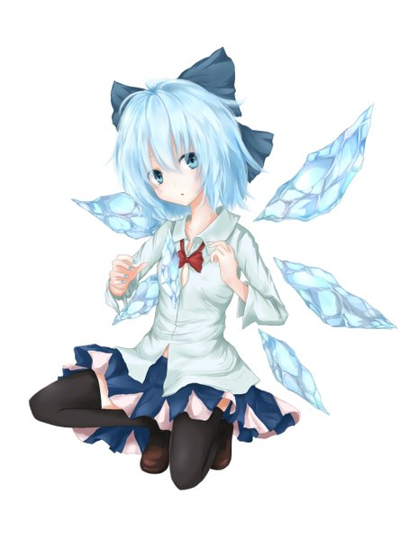 Anime picture 960x1296 with touhou cirno yushika single tall image looking at viewer short hair blue eyes simple background white background blue hair girl thighhighs skirt bow black thighhighs hair bow shirt wings ice