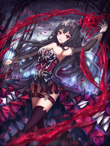 Anime picture 768x1024 with original h2o (dfo) single long hair tall image looking at viewer light erotic black hair smile red eyes armpit (armpits) depth of field magic spread arms mage girl thighhighs dress detached sleeves armor
