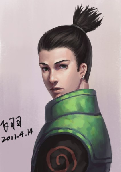 Anime picture 1060x1500 with naruto studio pierrot naruto (series) nara shikamaru piaoluo de fei yu single tall image short hair open mouth black hair simple background green eyes signed ponytail realistic turning head boy earrings
